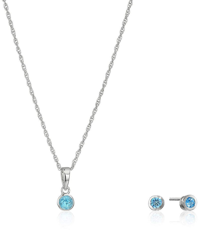 Dainty 925 Sterling Silver Gemstone Birthstone Petite Stud Earrings and 16" Pendant Necklace Jewelry Set