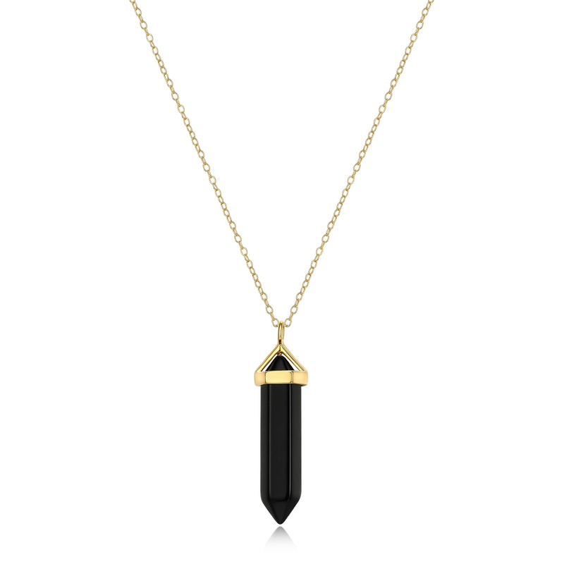 MORGAN & PAIGE 18K Yellow Gold Plated Sterling Silver Genuine Black Agate Chakra Point Necklace, 18" + 2" Extender