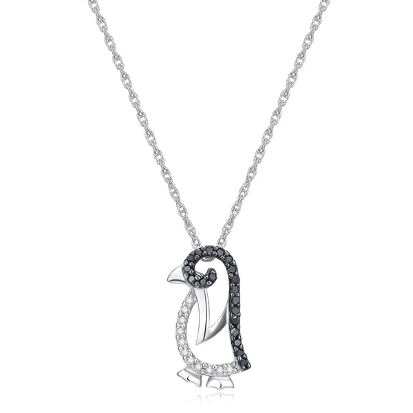 Sterling Silver Black and White Diamond Turtle, Whale, Penguin and Spider Pendant Necklace, 18"