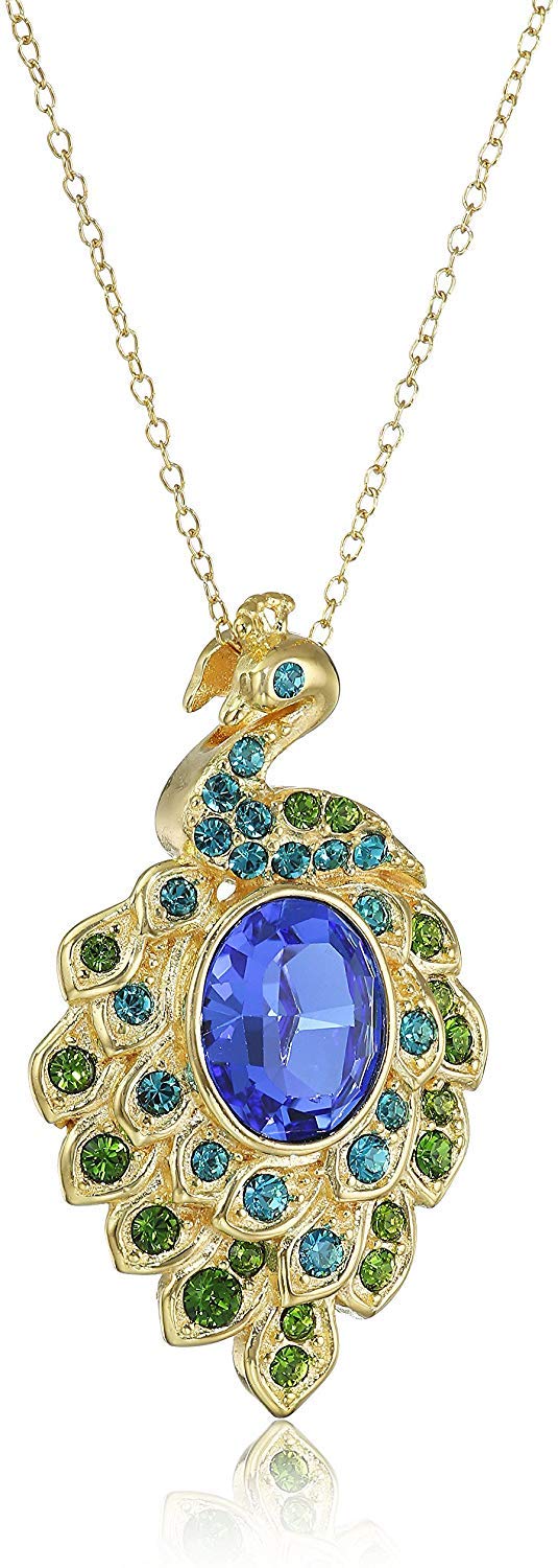 MORGAN & PAIGE 18K Yellow Gold Plated Sterling Silver Blue and Green Peacock Pendant Necklace Made with Crystal (18")