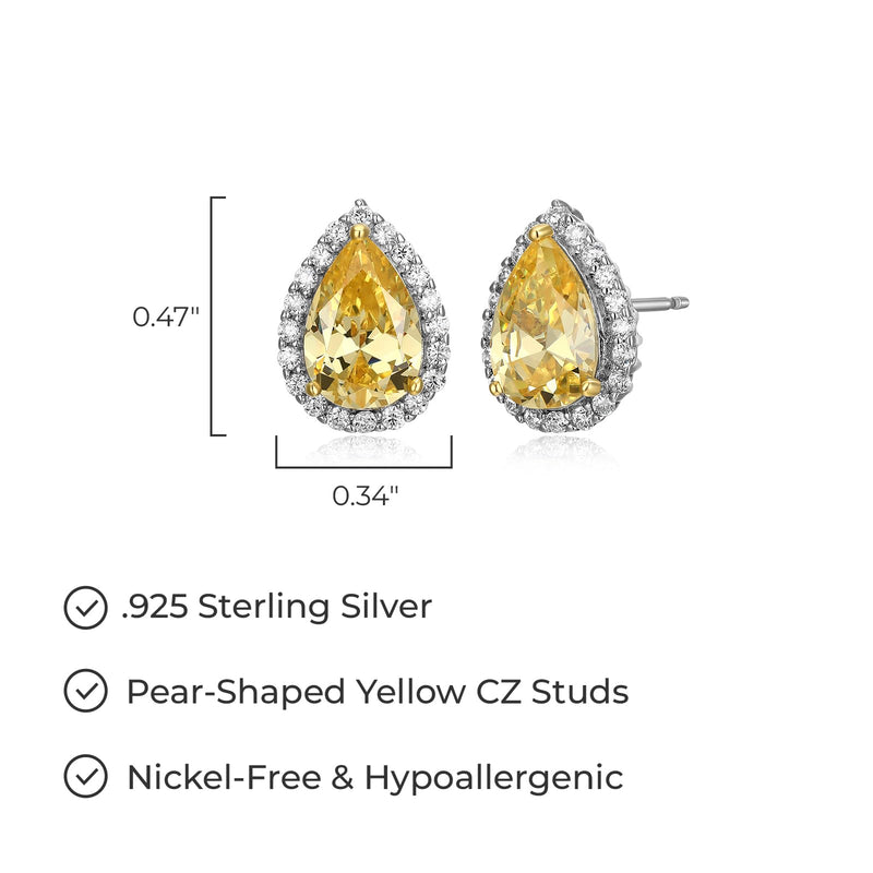 MORGAN & PAIGE Rhodium Plated Silver Yellow Cubic Zirconia Pear Cut 9x6mm and White Cubic Zirconia Halo-Setting Stud Earrings