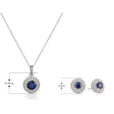 .925 Sterling Silver & Round Gemstone 18" Pendant Necklace and Stud Earrings Set with Created White Sapphire Double Halo Styling - Choice of Birthstones