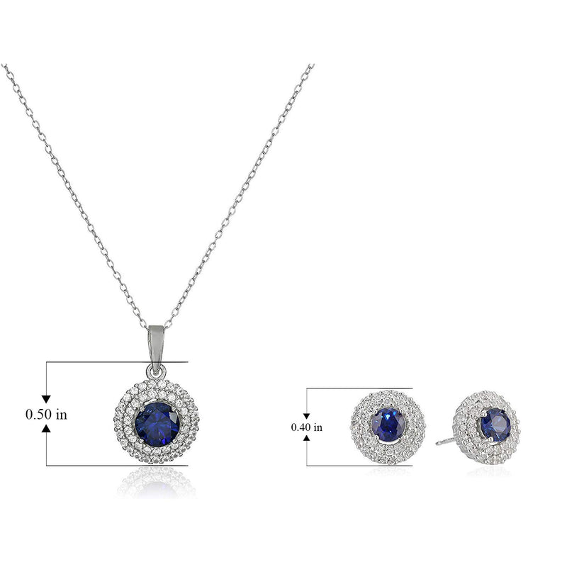 .925 Sterling Silver & Round Gemstone 18" Pendant Necklace and Stud Earrings Set with Created White Sapphire Double Halo Styling - Choice of Birthstones