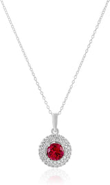 .925 Sterling Silver & Round Gemstone 18" Pendant Necklace and Stud Earrings Set with Created White Sapphire Double Halo Styling - Choice of Birthstones