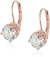 MORGAN & PAIGE 925 Sterling Silver 7mm Cubic Zirconia Classic Solitaire Leverback Dangle Drop Earrings - Yellow Gold Plated, Rose Gold or Rhodium Plated