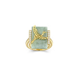 Genuine Green Jade Ring for Women with Gold Bird Motif and Cubic Zirconia Accents - 14K Gold-Plated Sterling Silver - Natural Jade - Size #7