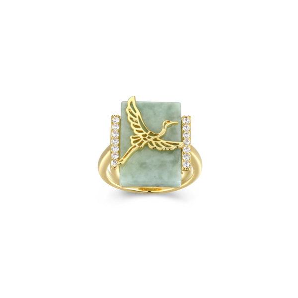 Genuine Green Jade Ring for Women with Gold Bird Motif and Cubic Zirconia Accents - 14K Gold-Plated Sterling Silver - Natural Jade - Size #7