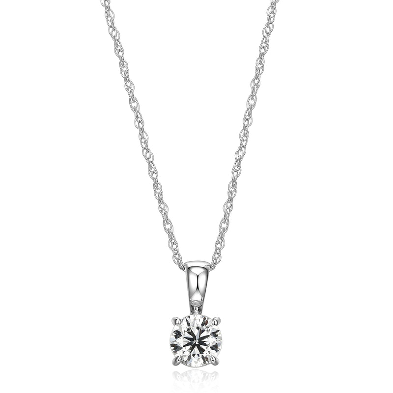 Rhodium-Plated 14K White Gold Solitaire Diamond Pendant Necklace, with Carat Lab Grown Diamond, 14 Karat White Gold Rope Chain, Lab Grown Diamond Necklaces for Women