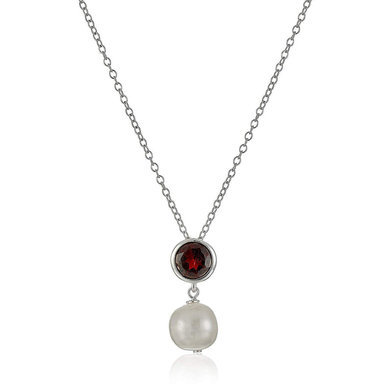 MORGAN & PAIGE .925 Sterling Silver Rhodium Plated Birthstone Necklace - Elegant Freshwater Cultured Pearl Necklace and Gemstone Necklace, Bezel-Set Pearl Drop Necklaces for Women Jewelry 18"