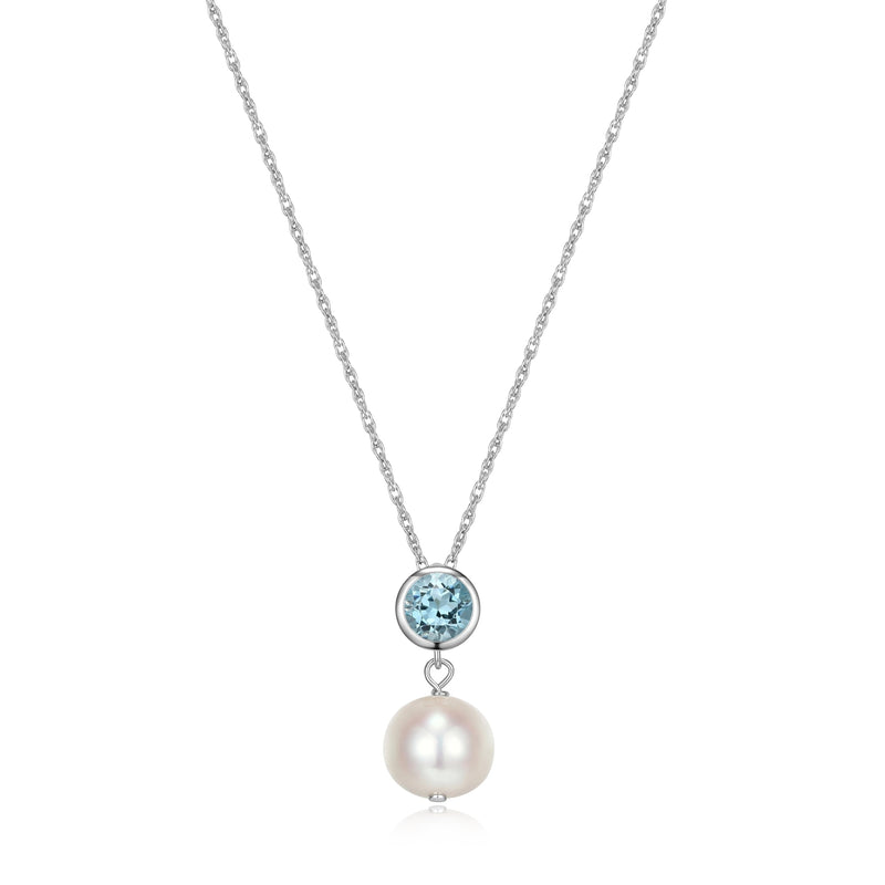 MORGAN & PAIGE .925 Sterling Silver Rhodium Plated Birthstone Necklace - Elegant Freshwater Cultured Pearl Necklace and Gemstone Necklace, Bezel-Set Pearl Drop Necklaces for Women Jewelry 18"