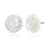 MORGAN & PAIGE .925 Sterling Silver Rhodium Plated Carved Mother of Pearl Rose Stud Earrings for Women - White Pearl Sterling Silver Earrings, Lightweight & Hypoallergenic Jewelry for Sensitive Ears