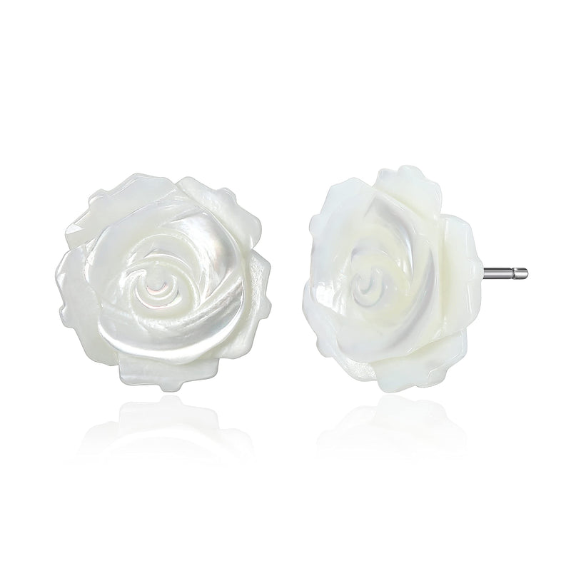 MORGAN & PAIGE .925 Sterling Silver Rhodium Plated Carved Mother of Pearl Rose Stud Earrings for Women - White Pearl Sterling Silver Earrings, Lightweight & Hypoallergenic Jewelry for Sensitive Ears