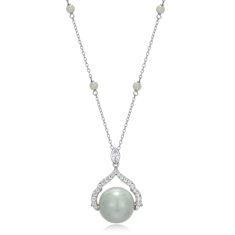 Genuine Green Jade Sphere Necklace - Hypoallergenic Rhodium-Plated Sterling Silver with 18-inch Jade Beaded Chain - Natural Jade Jewelry for Women