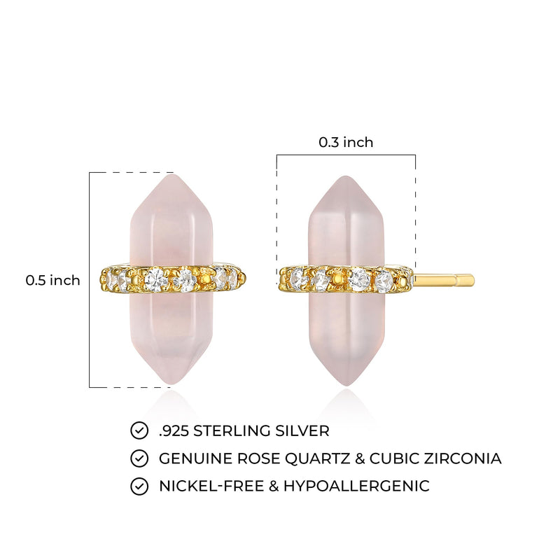 MORGAN & PAIGE Healing Crystal Quartz Stud Earrings for Women - 18K Yellow Gold Plated Sterling Silver Chakra Point, Hexagonal Points Stone