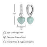 Sterling Silver Heart Earrings - Green Jade With Cubic Zirconia Accents, Rhodium-Plated, Hypoallergenic, Gift Box Included