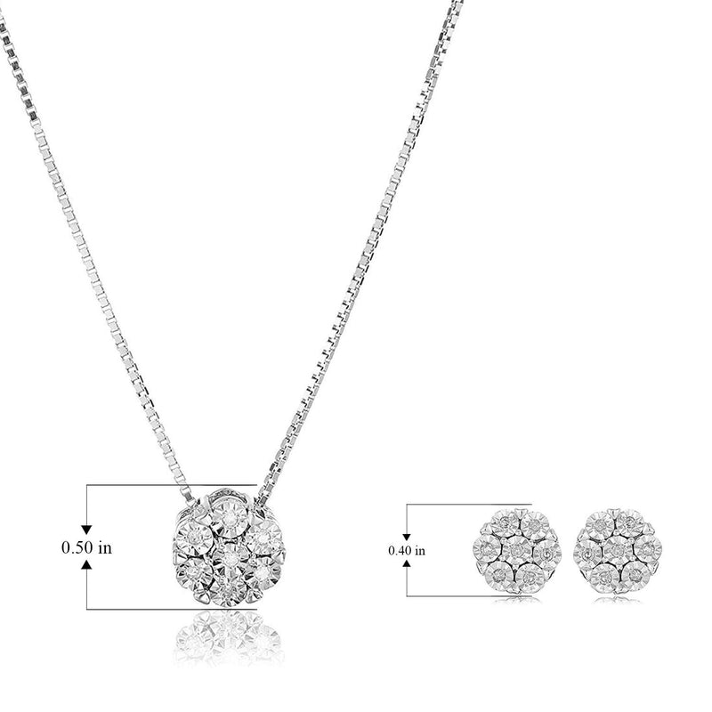 MORGAN & PAIGE .925 Sterling Silver 1/10 Cttw Diamond Miracle-Plate 18" Pendant Necklace and Stud Earrings Jewelry Set (I-J Color, I2-I3 Clarity) - Rhodium Plated