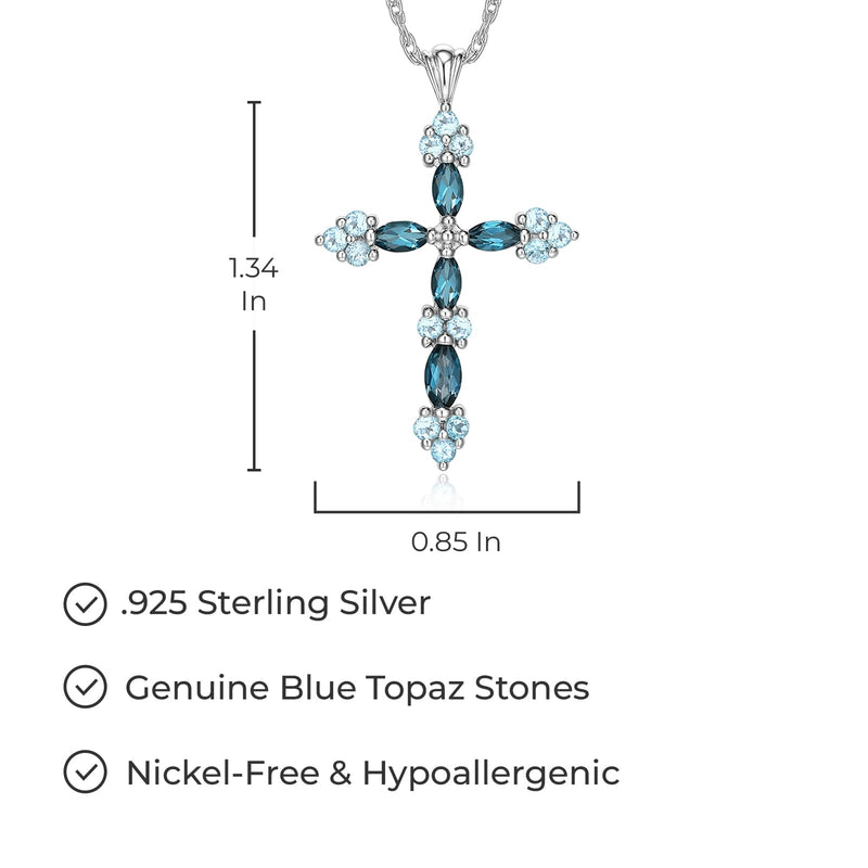 MORGAN & PAIGE .925 Sterling Silver Rhodium Plated Blue Topaz Cross Necklace For Women - Elegant Swiss and London Blue Topaz Cross Pendant Sterling Silver Necklace for Women Faith Jewelry, 18 inch