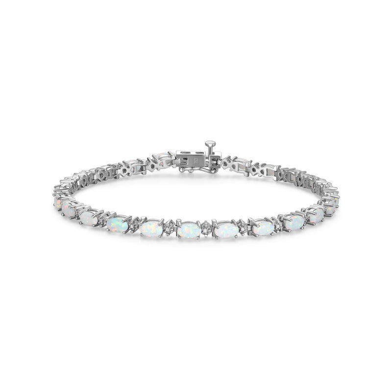 MORGAN & PAIGE .925 Sterling Silver Rhodium Plated Birthstone Tennis Bracelets for Women - Alternating Diamond and Oval Gemstone Bracelet, Secure Locking Clasp Birthday Gift Jewelry for Women 7.25"