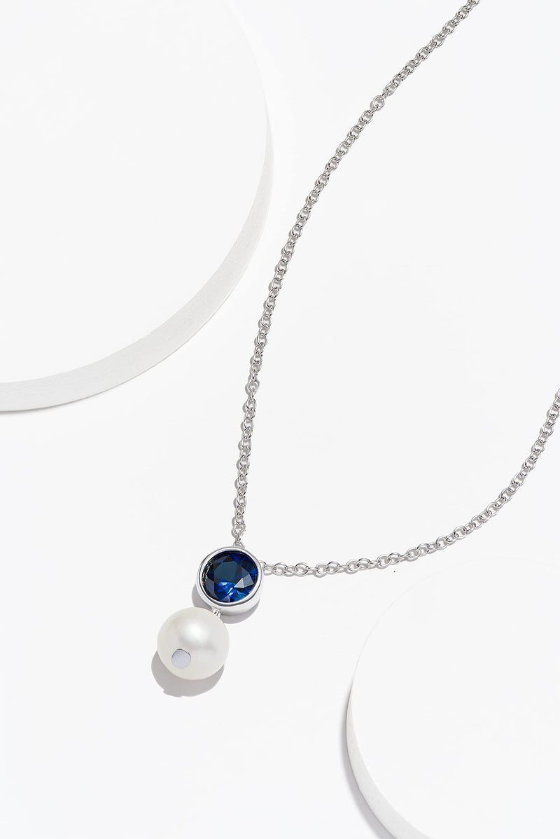 MORGAN & PAIGE .925 Sterling Silver Rhodium Plated Birthstone Necklace - Elegant Freshwater Cultured Pearl Necklace and Gemstone Necklace, Bezel-Set Pearl Drop Necklaces for Women Jewelry 18"