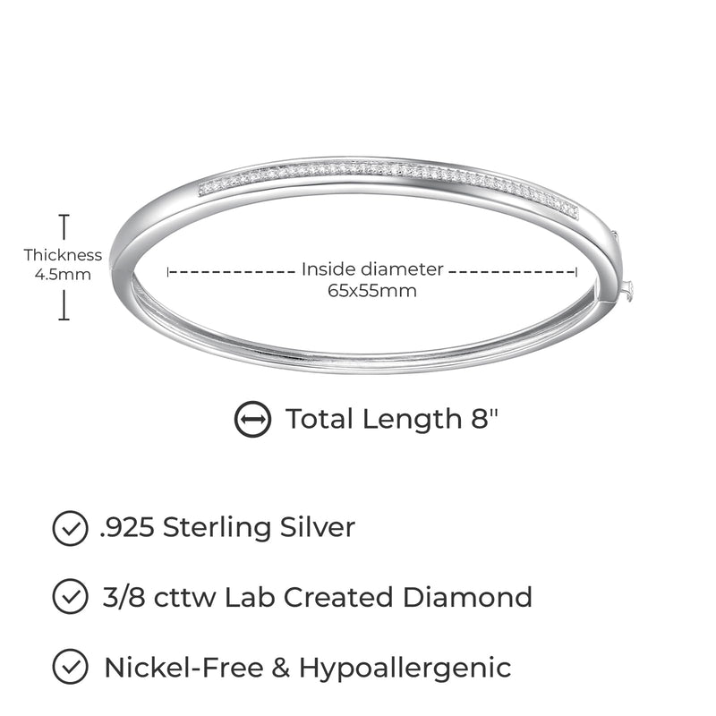 Bangle - Rhodium-Plated Sterling Silver, 3/8 Carat Total Weight, Lab-Created Diamonds, Hypoallergenic, Elegant Gift Box Included