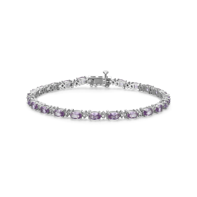 MORGAN & PAIGE .925 Sterling Silver Rhodium Plated Birthstone Tennis Bracelets for Women - Alternating Diamond and Oval Gemstone Bracelet, Secure Locking Clasp Birthday Gift Jewelry for Women 7.25"