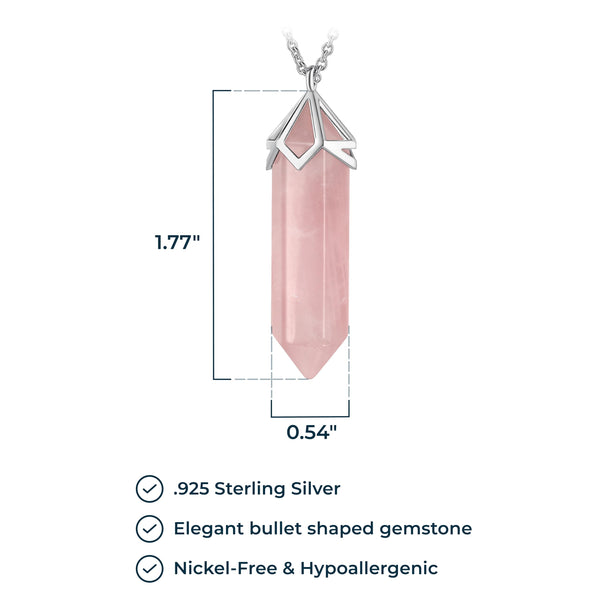 MORGAN & PAIGE .925 Sterling Silver Plated Rose Quartz Crystal Mineral 40x10mm Hexagonal Point Pendulum Chakra Pendant Necklace, 32" + 2"