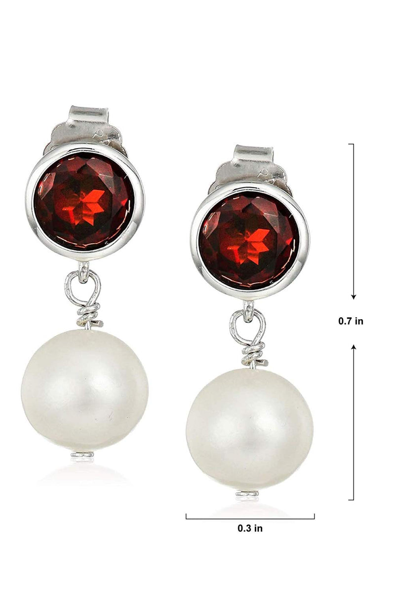 MORGAN & PAIGE 925 Sterling Silver Bezel-Set Gemstone Birthstone and 8mm White Freshwater Cultured Pearl Post Drop Earrings