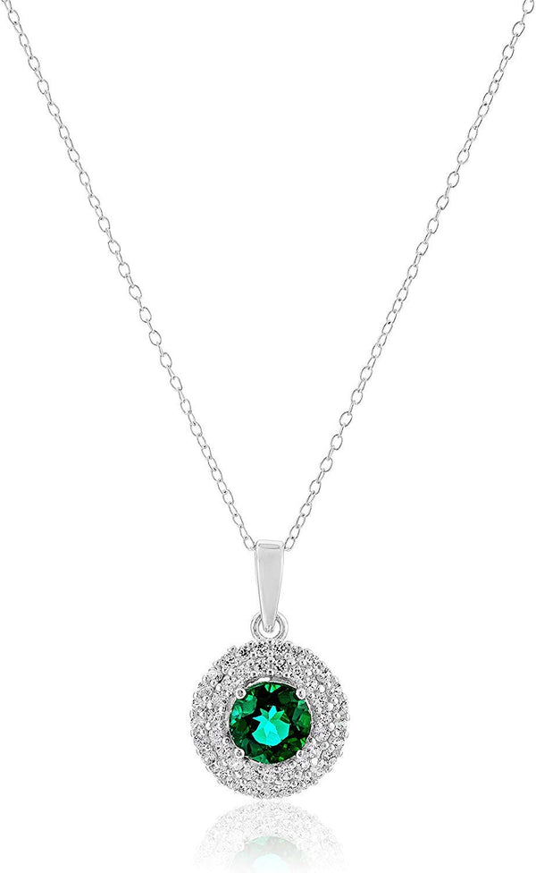 .925 Sterling Silver & Round Gemstone 18" Pendant Necklace and Stud Earrings Set with Created White Sapphire Double Halo Styling - Choice of Birthstones