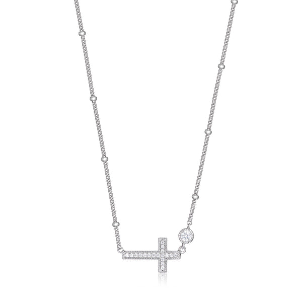 MORGAN & PAIGE .925 Sterling Silver Rhodium Plated Cubic Zirconia Sideways Cross Sterling Silver Necklace for Women - Faith Dainty Jewelry Choker Cross Necklace for Women, Adjustable Chain 16 inch