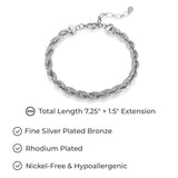 MORGAN & PAIGE Cubic Zirconia Rope Chain Bracelet 7.25" + 1.5" Extention - Choise of Width and Color