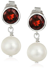 MORGAN & PAIGE 925 Sterling Silver Bezel-Set Gemstone Birthstone and 8mm White Freshwater Cultured Pearl Post Drop Earrings