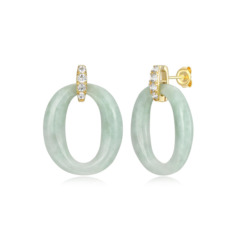 Green Jade and White Topaz Earrings – 14k Gold-Plated Sterling Silver, Genuine Jade Jewelry, Hypoallergenic, Elegant Gift Box Included