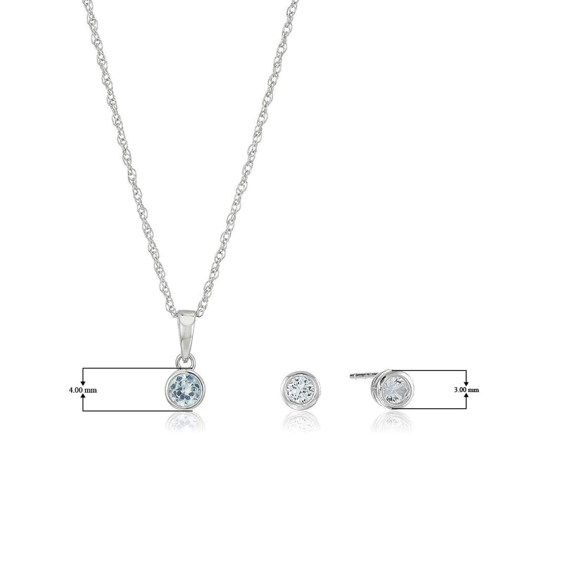 Dainty 925 Sterling Silver Gemstone Birthstone Petite Stud Earrings and 16" Pendant Necklace Jewelry Set