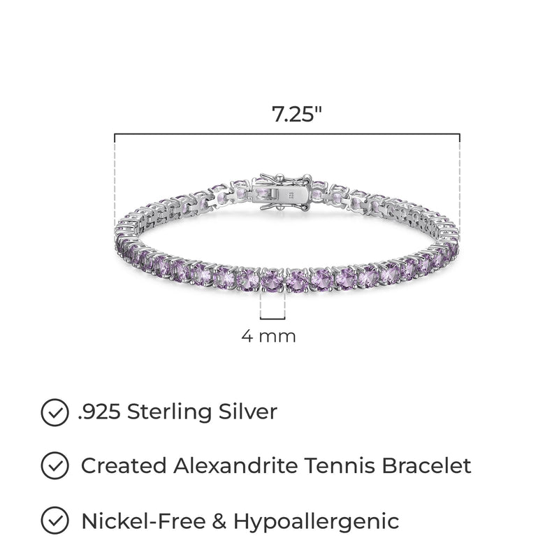 MORGAN & PAIGE .925 Sterling Silver Tennis Bracelet For Women - Genuine Natural or Created 4mm Gemstone Round Cut Birthstones, 7.25"