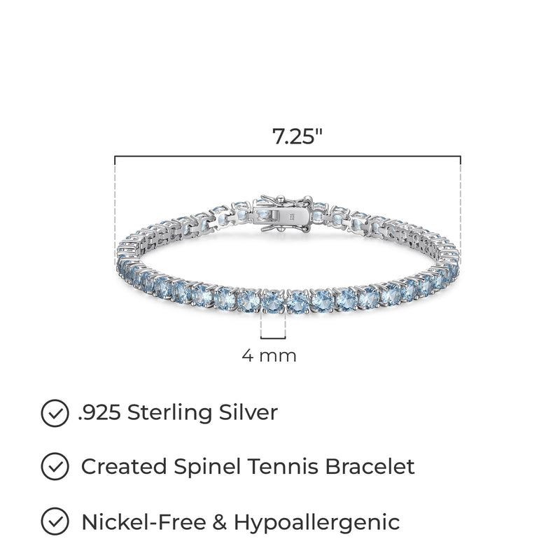 MORGAN & PAIGE .925 Sterling Silver Tennis Bracelet For Women - Genuine Natural or Created 4mm Gemstone Round Cut Birthstones, 7.25"