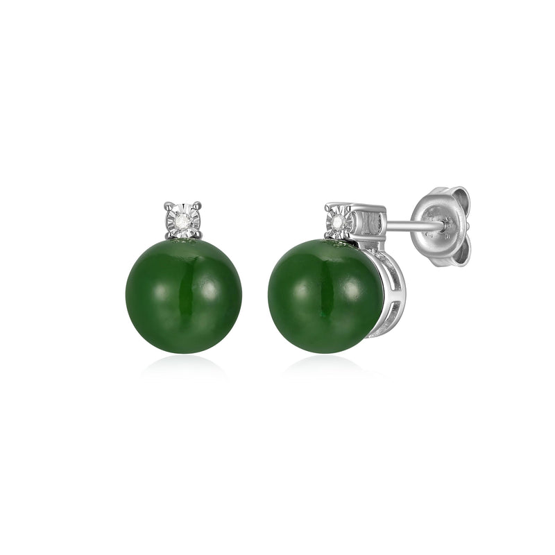 Stud Earrings for Women - Rhodium-Plated .925 Sterling Silver, Genuine Jadeite or Nephrite Jade & Diamond Accent, Hypoallergenic, Elegant Gift Box Included