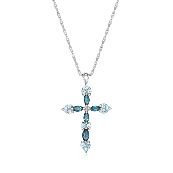 MORGAN & PAIGE .925 Sterling Silver Rhodium Plated Blue Topaz Cross Necklace For Women - Elegant Swiss and London Blue Topaz Cross Pendant Sterling Silver Necklace for Women Faith Jewelry, 18 inch