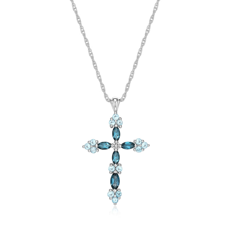 MORGAN & PAIGE .925 Sterling Silver Rhodium Plated Blue Topaz Cross Necklace For Women - Elegant Swiss and London Blue Topaz Cross Pendant Sterling Silver Necklace for Women Faith Jewelry, 18 inch