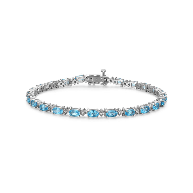 MORGAN & PAIGE .925 Sterling Silver Rhodium Plated Birthstone Tennis Bracelets for Women - Alternating Diamond and Oval Gemstone Bracelet, Secure Locking Clasp Birthday Gift Jewelry for Women 7.25"