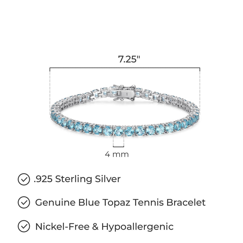 MORGAN & PAIGE .925 Sterling Silver Tennis Bracelet For Women - Genuine Natural or Created 4mm Gemstone Round Cut Birthstones, 7.25"