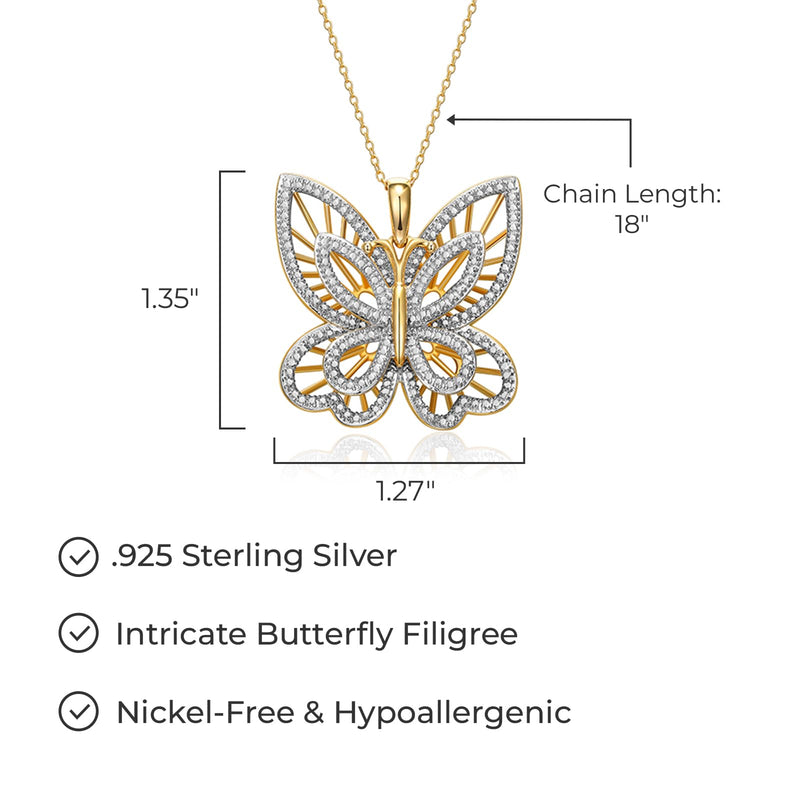 MORGAN & PAIGE .925 Sterling Silver 18K Gold Plated Butterfly Necklace with Diamond Accent - Elegant Filigree Gold Necklace for Women Diamond Pendant Butterfly Gifts for Women, 18 inch