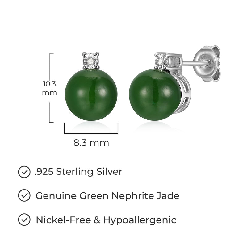 Stud Earrings for Women - Rhodium-Plated .925 Sterling Silver, Genuine Jadeite or Nephrite Jade & Diamond Accent, Hypoallergenic, Elegant Gift Box Included