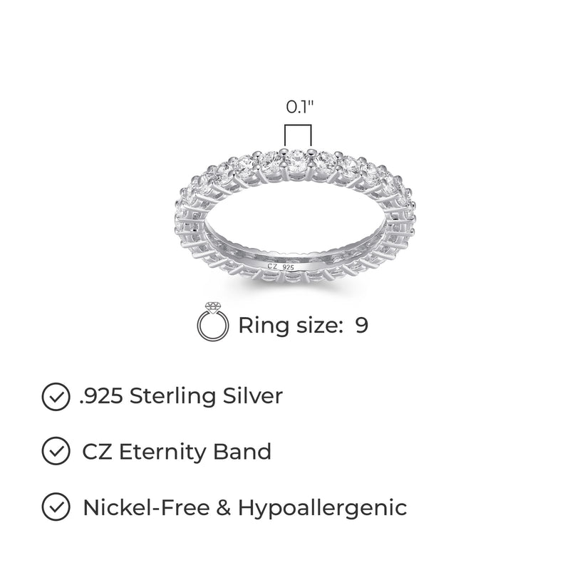 MORGAN & PAIGE Platinum Plated Sterling Silver Round Cubic Zirconia Eternity Band Ring (2.5mm)