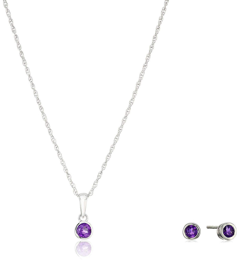 Dainty 925 Sterling Silver Gemstone Birthstone Petite Stud Earrings and 16" Pendant Necklace Jewelry Set