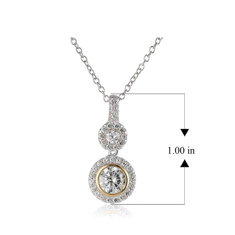 18K Gold Plated .925 Sterling Silver Cubic Zirconia Two Tone Round 1/4" Halo Stud Earrings or 1/2" Pendant Necklace on 18" Chain