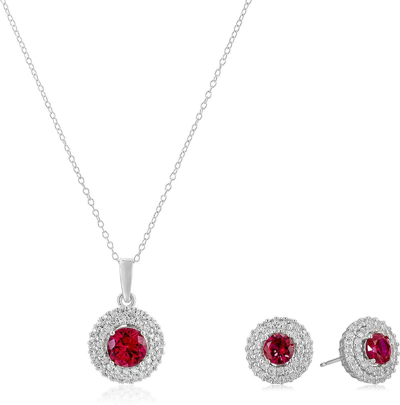 .925 Sterling Silver & Round Gemstone 18" Pendant Necklace and Stud Earrings Set with Created White Sapphire Double Halo Styling - Choice of Birthstones