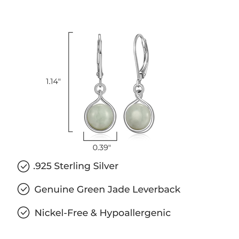 MORGAN & PAIGE .925 Sterling Silver Genuine Green Jade Bezel Set Round Leverback 1-1/8" Drop Earrings