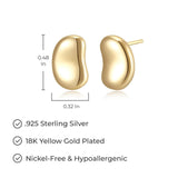 MORGAN & PAIGE Sterling Silver 12mm Bean Stud Earrings for Women, Choice of Plating, Rhodium / 18K Yellow Gold / 14K Rose Gold