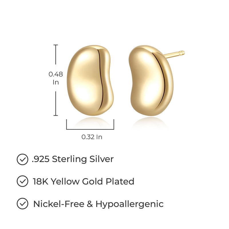 MORGAN & PAIGE Sterling Silver 12mm Bean Stud Earrings for Women, Choice of Plating, Rhodium / 18K Yellow Gold / 14K Rose Gold