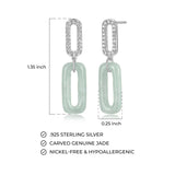 Paperclip Link Earrings – Rhodium-Plated Sterling Silver with Genuine Green Jade and White Topaz, Hypoallergenic and Nickel-free, Elegant Gift Box Included